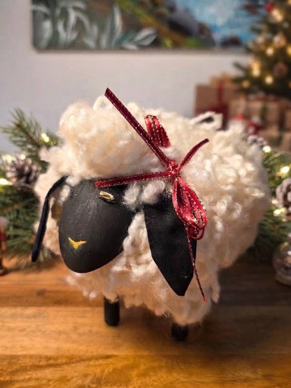 Handmade Vintage Christmas Sheep Figurine Rustic Boucle Woolly Lamb